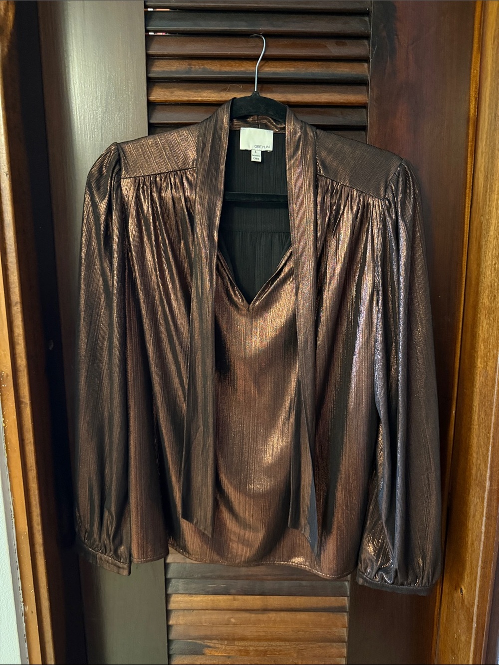 Greylin Shimmery Bronze Tie-Neck Blouse